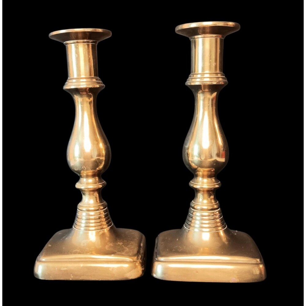 Vintage Pair Of Heavy Brass Candleholders Baluster Design Rectangle Base 7x3x3.5